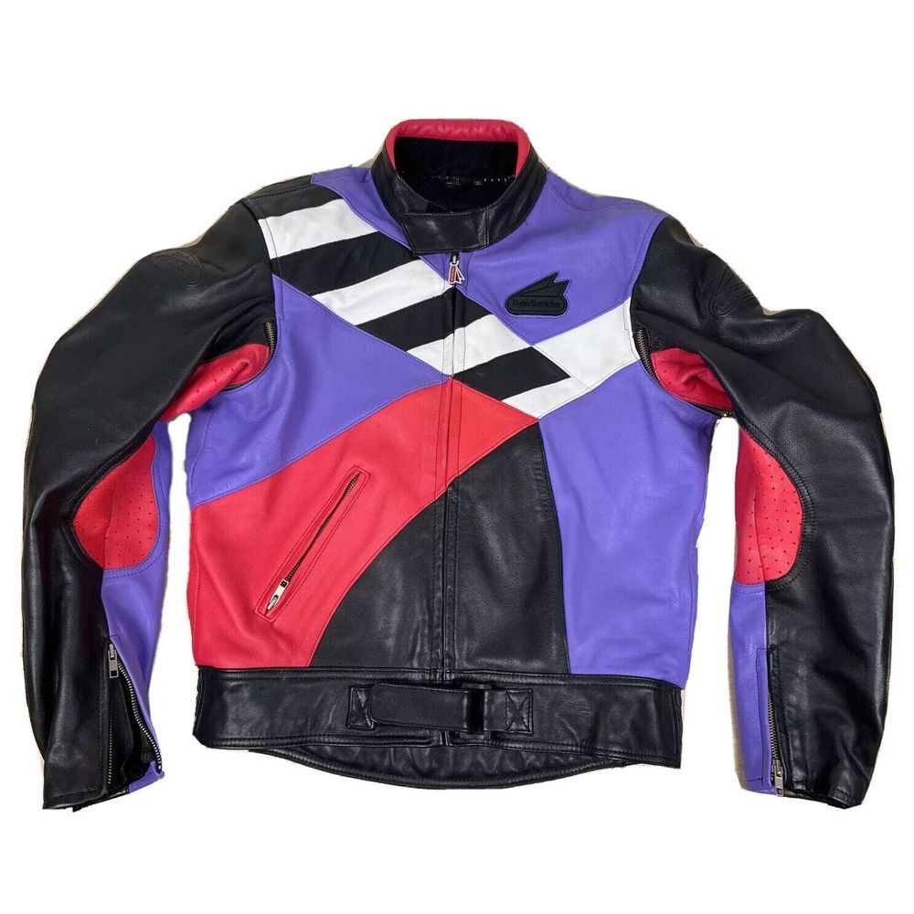 Vintage Hein Gericke 80s 90s Leather Biker Jacket Padded Red‎ Purple Large 44R